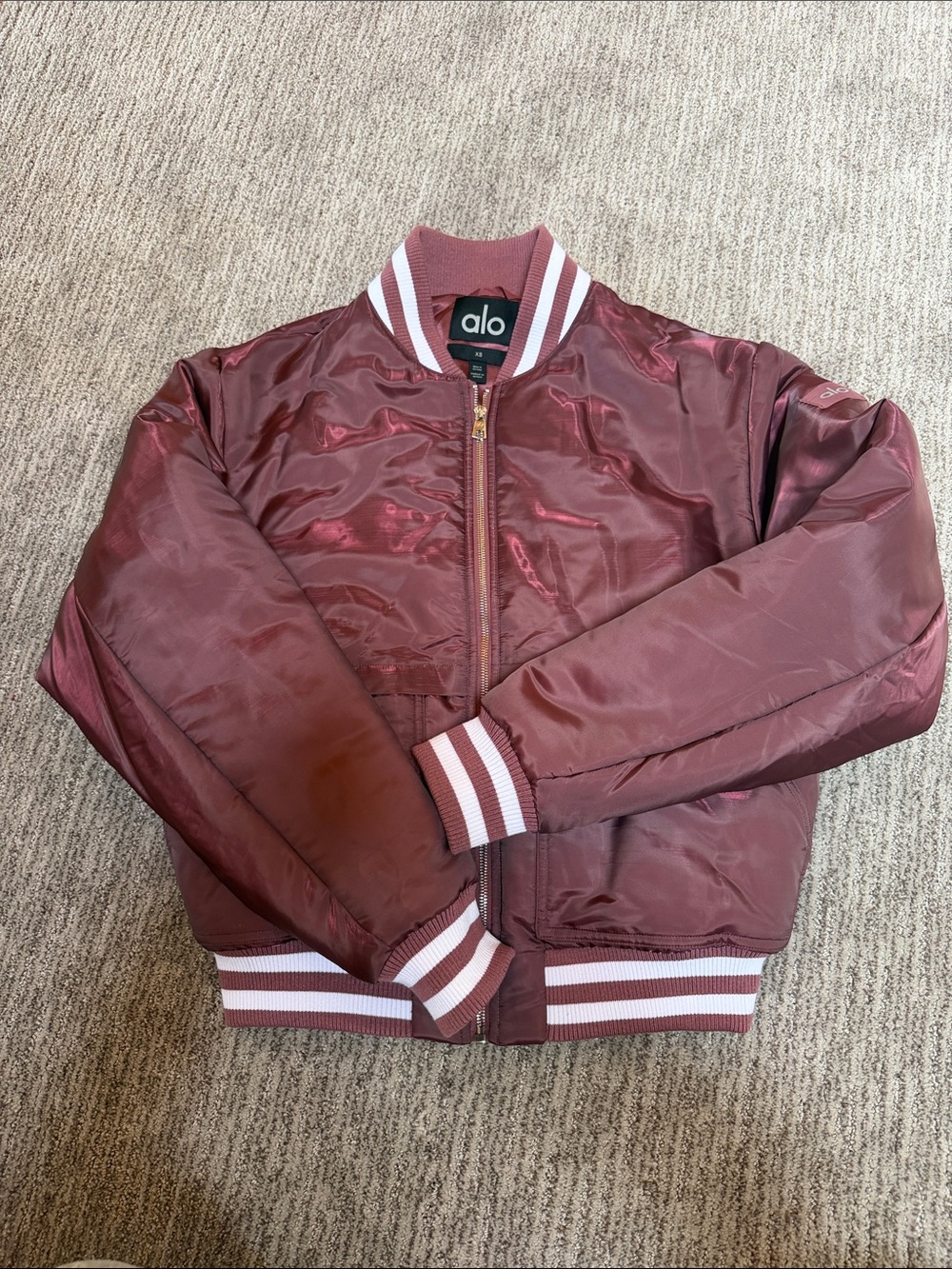 NEW Alo Satin Bomber Jacket in Burgundy